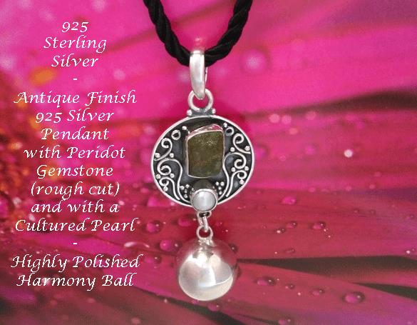 Unique Artisan Design Harmony Ball Necklace Peridot Gem & Pearl - Click Image to Close
